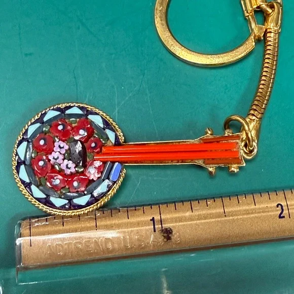 Vintage Micro Mosaic Floral Banjo Keychain - Red & Blue stamped Italy - Picture 7 of 7